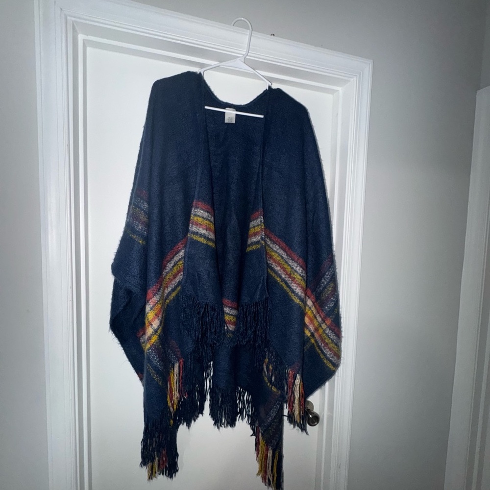 Francesca's Collections Navy Poncho with Multicolor Stripes